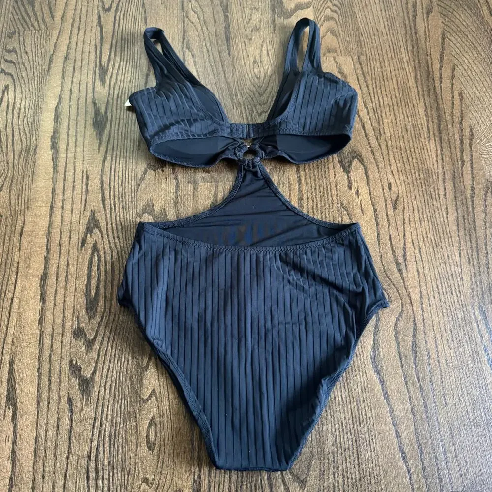 Aerie Womens Black Ribbed Cut Out Ring One Piece Monokini Swim Suit Size Large